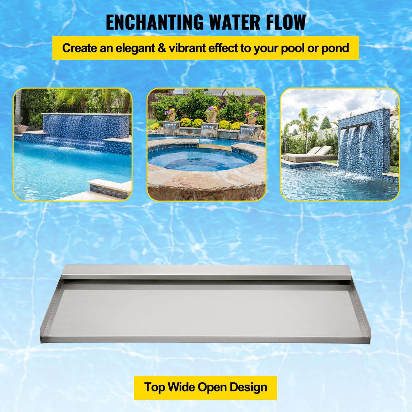 Waterfall blade, 60 cm stainless steel waterfall outlet, rectangular waterfall pool fountain, cascade blade with connection, hose, clamp and PTFE tape, water blade for koi fish pond, water feature