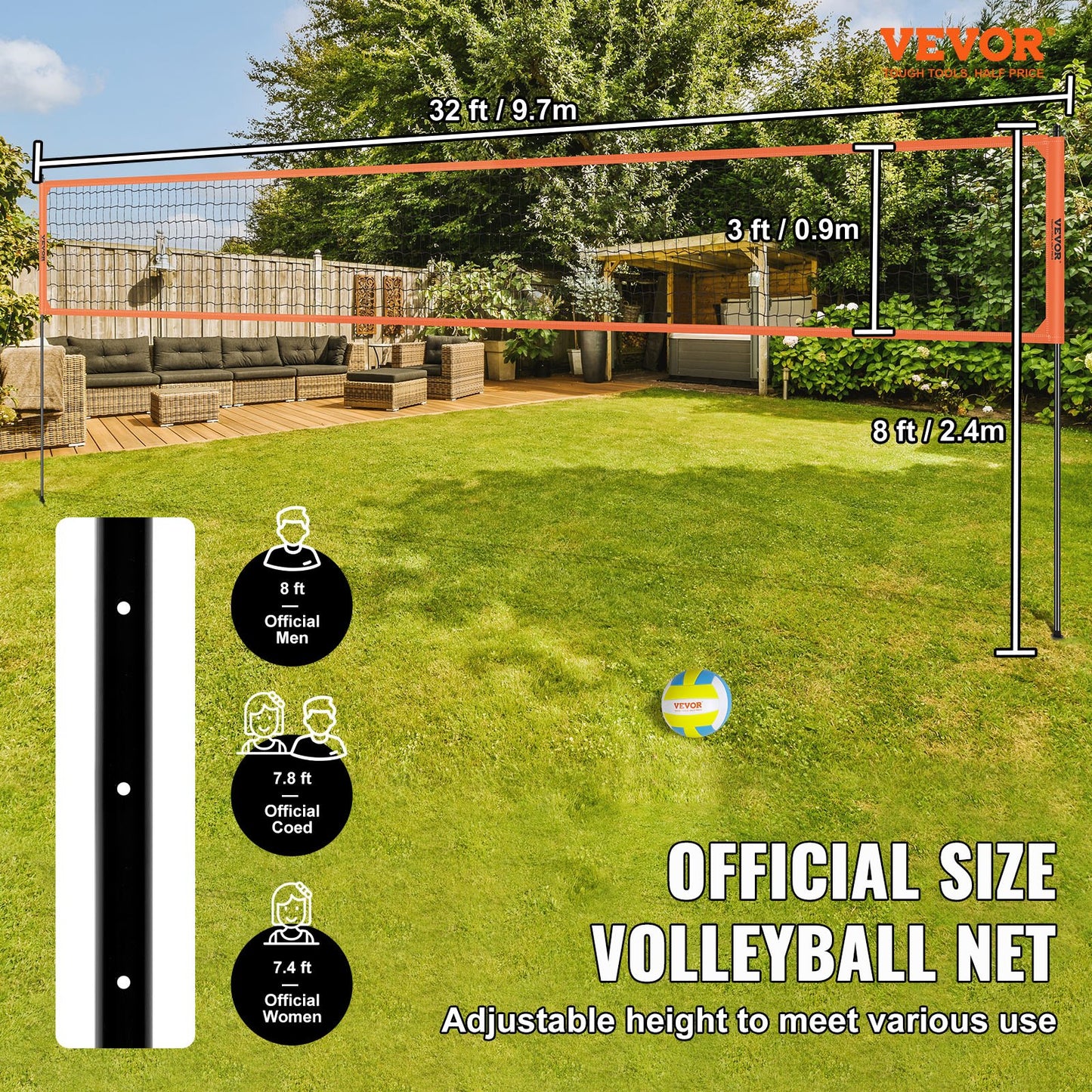 Utomhus bärbart volleybollnätsystem, justerbar höjd aluminiumstolpar, professionellt volleybollset med PVC-volleyboll, pump, bärväska, kraftigt volleybollnät för bakgård, strand, gräsmatta