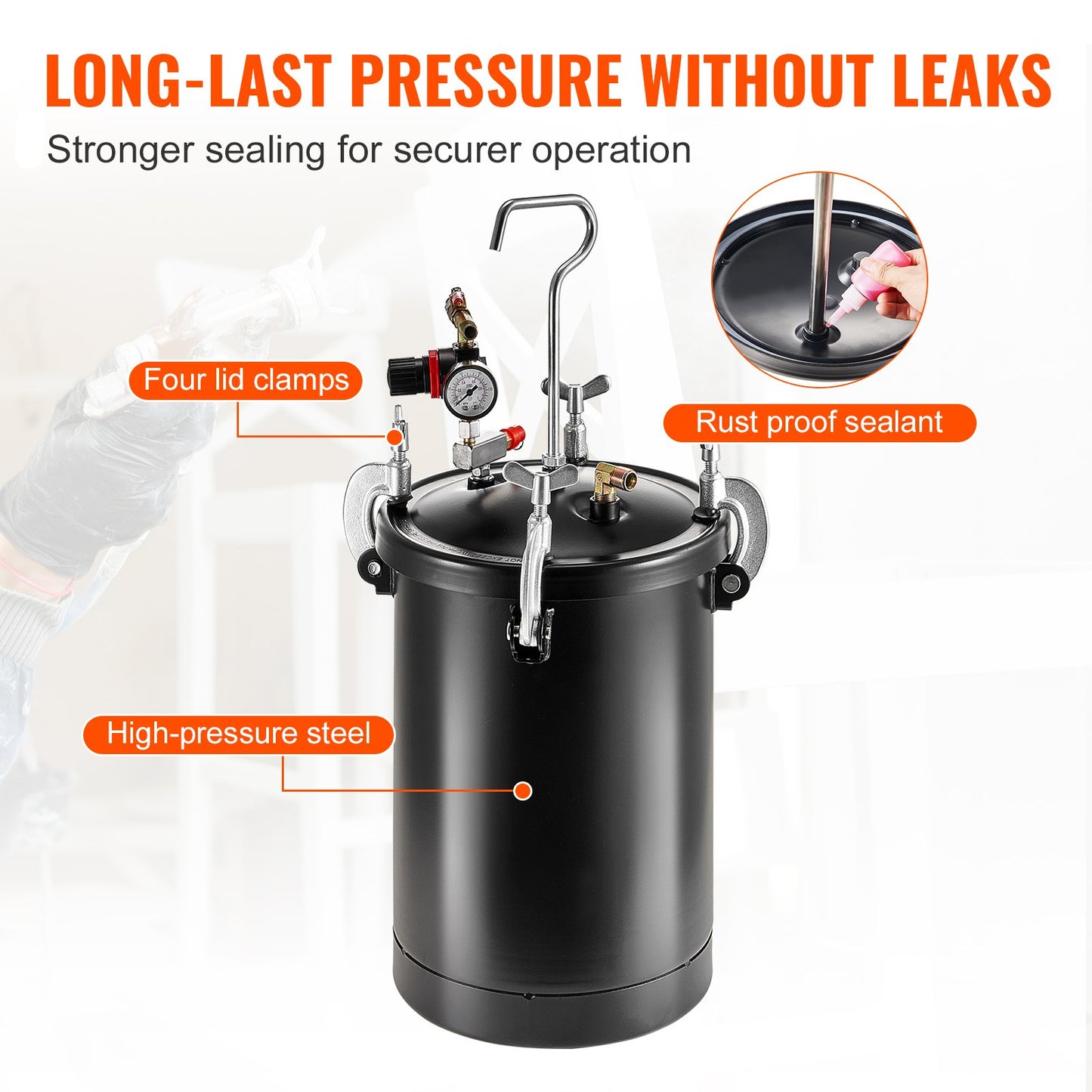 Druckbehälter für Sprühfarbe, 15 l/3,75 gal. Schläuche für Spritzpistolen, Druckmesser