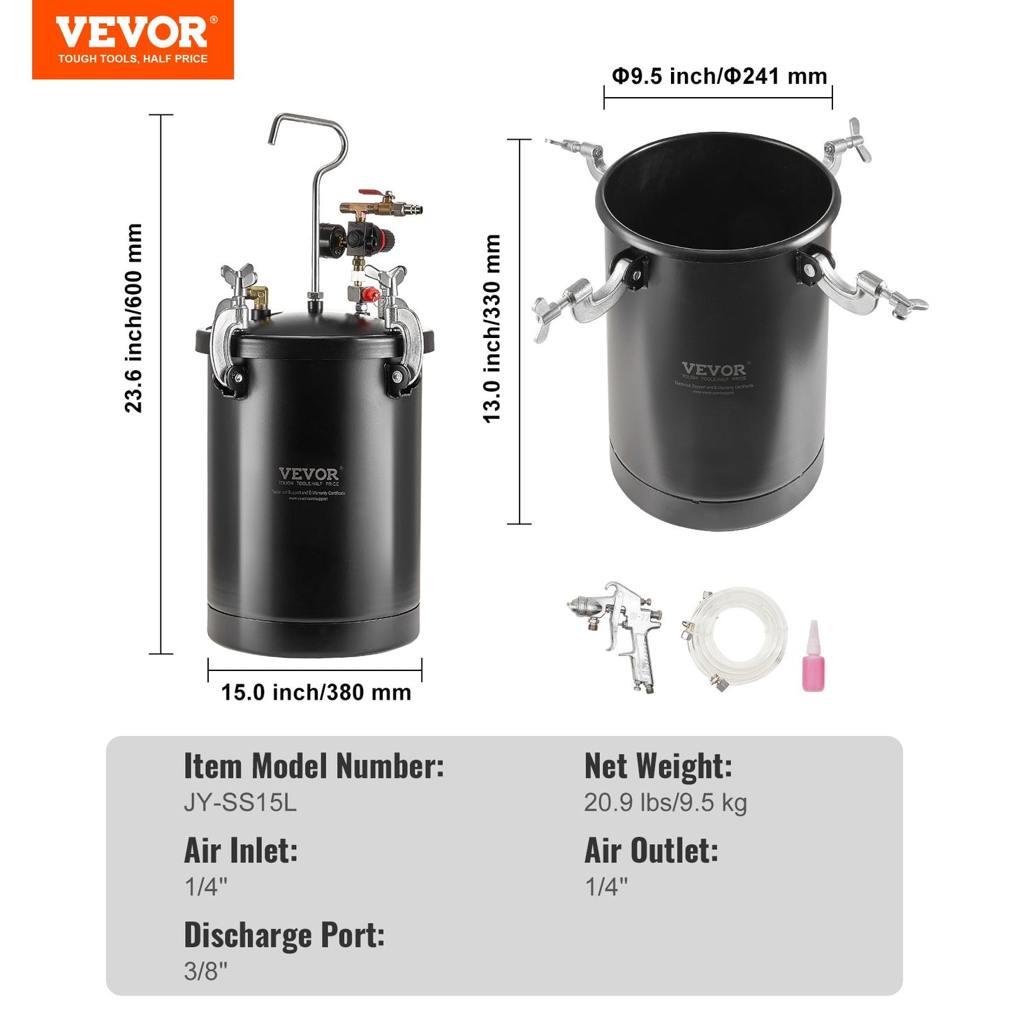 Druckbehälter für Sprühfarbe, 15 l/3,75 gal. Schläuche für Spritzpistolen, Druckmesser