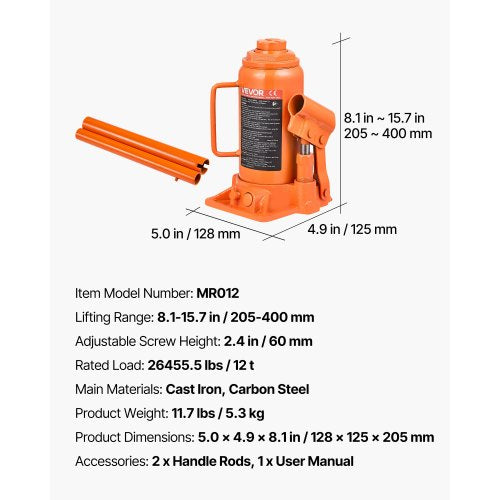 hydraulisk flaskdomkraft, 12 ton (26455,5 lbs) kapacitet, 205-400 mm lyfträckvidd, kraftig svetsad flaskdomkraft för bil, SUV, pickup, bilreparationer, huslyft och jordbruksutrustning, orange | EU