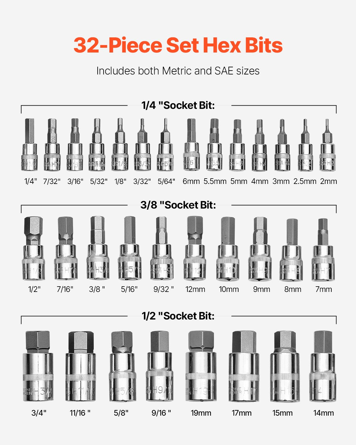 Sexkantssocket set 32-delat S2 legerat stål Cr-V stål Standard SAE och metriskt