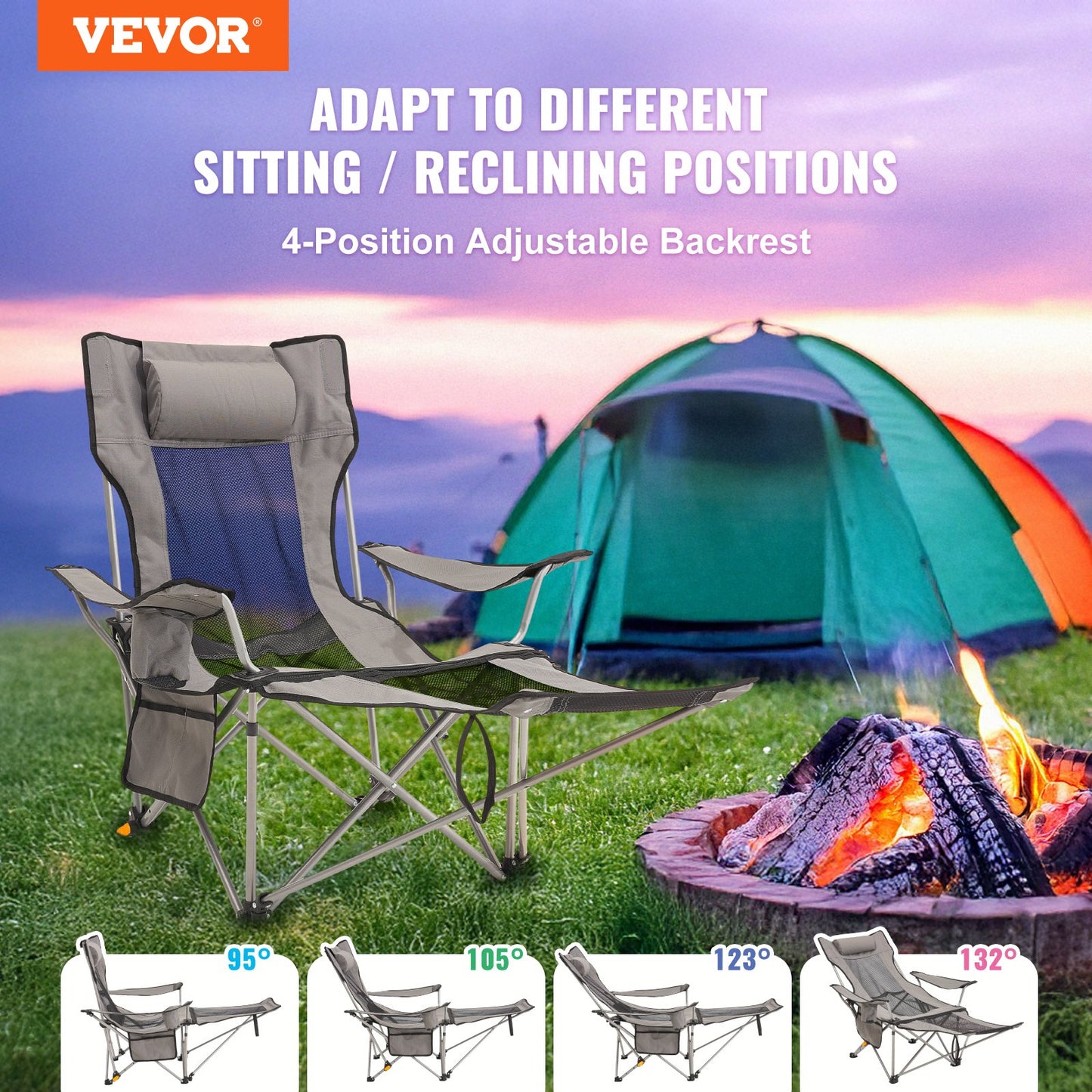 Reclining Camping Chair Folding Chair 330 lbs Load for Home and Outdoor