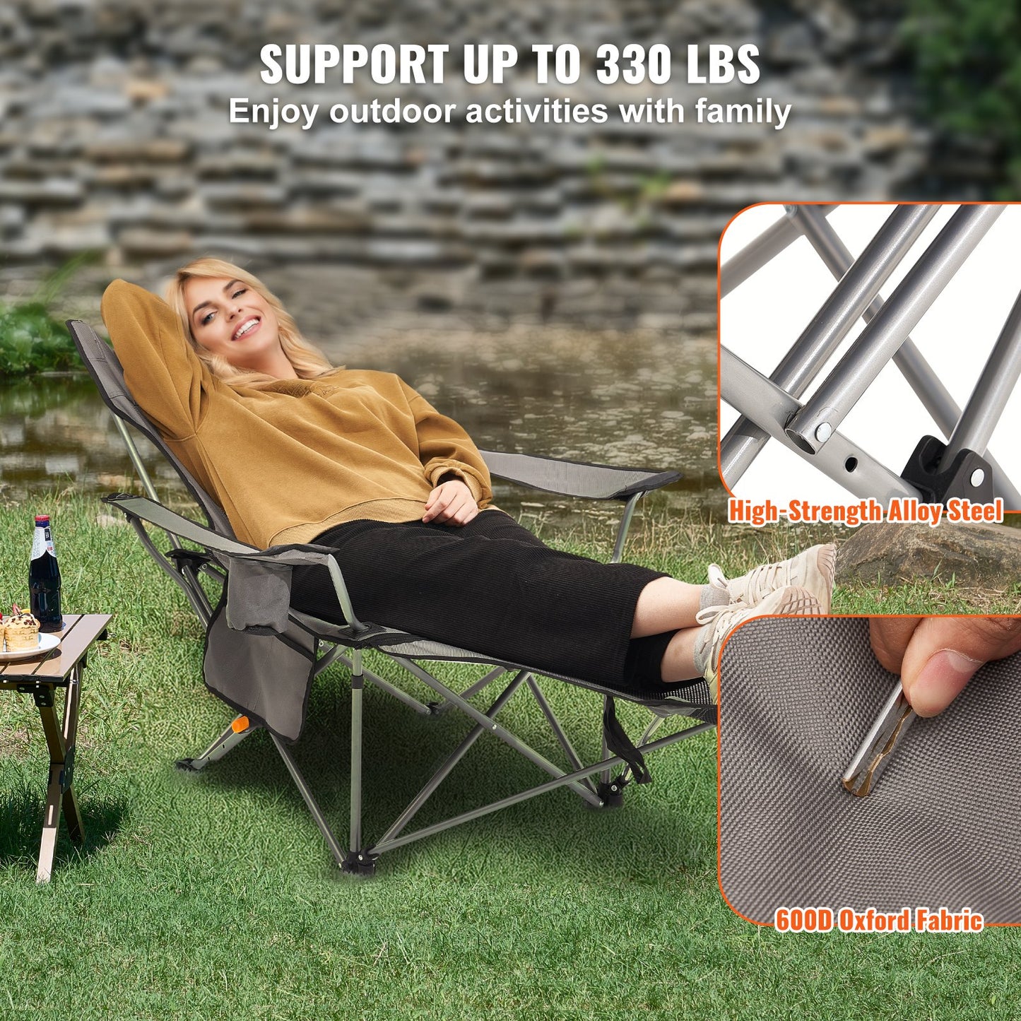 Reclining Camping Chair Folding Chair 330 lbs Load for Home and Outdoor