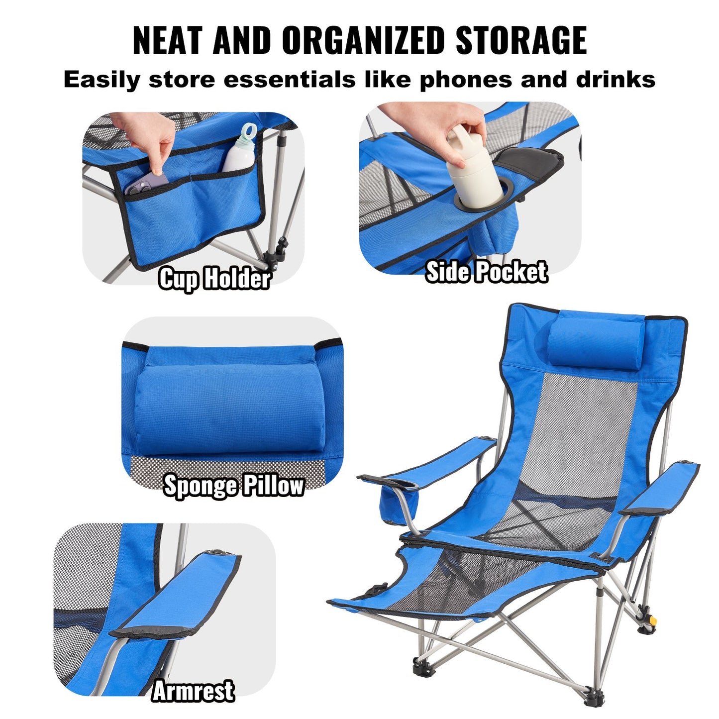Reclining Camping Chair Portable Chair 330 lbs Load for Outdoor and Home