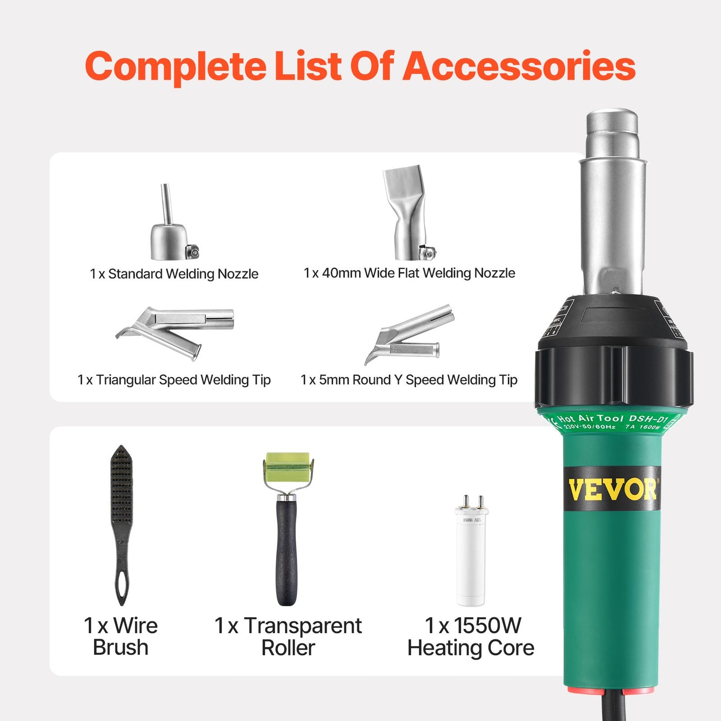 Hot Air Plastic Welder 1600 W PVC TPO Vinyl Heat Gun Flashlight & 7 Accessories