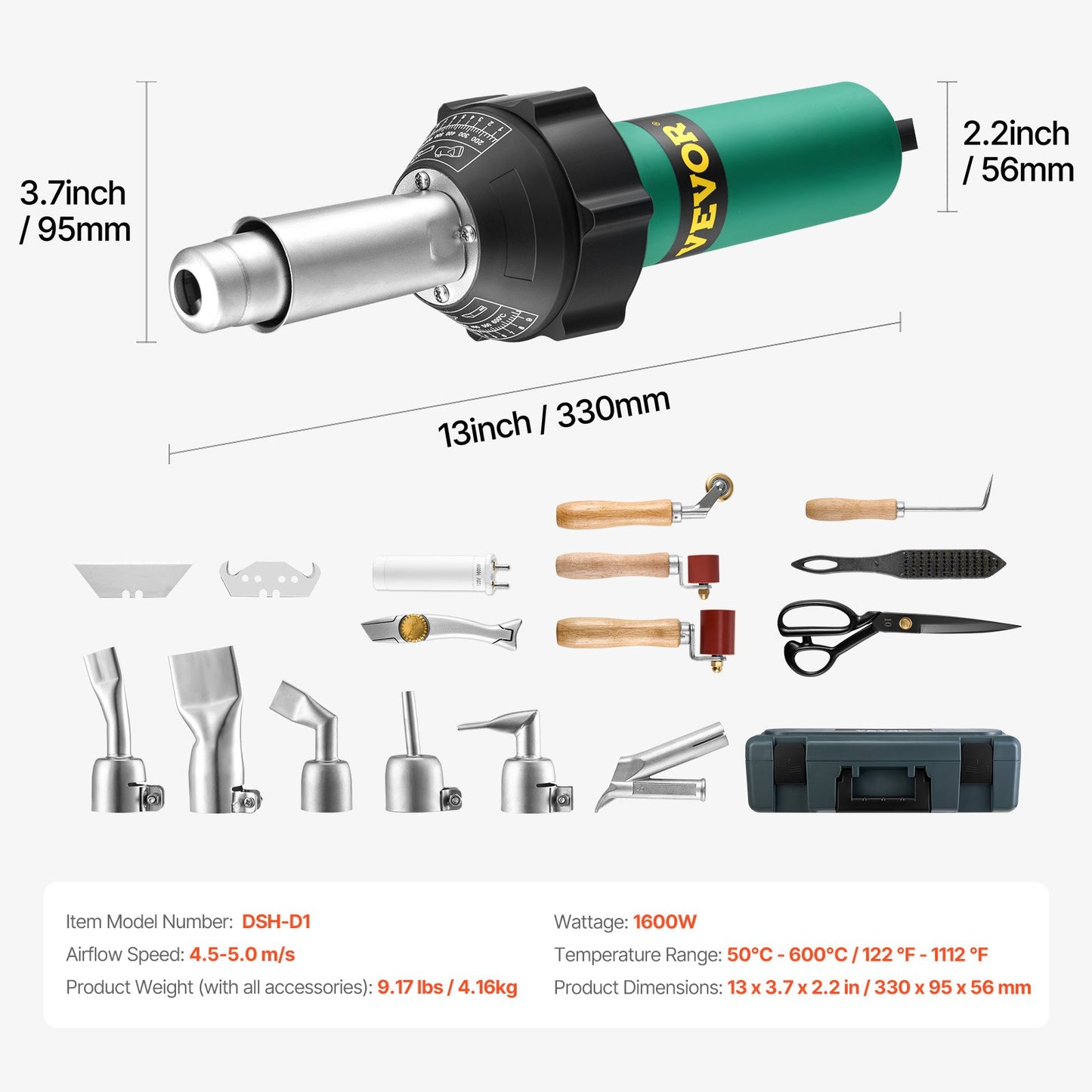 Varmluftsplastsvetsare 1600 W PVC TPO Vinyl Värmepistol Ficklampa & 17 tillbehör