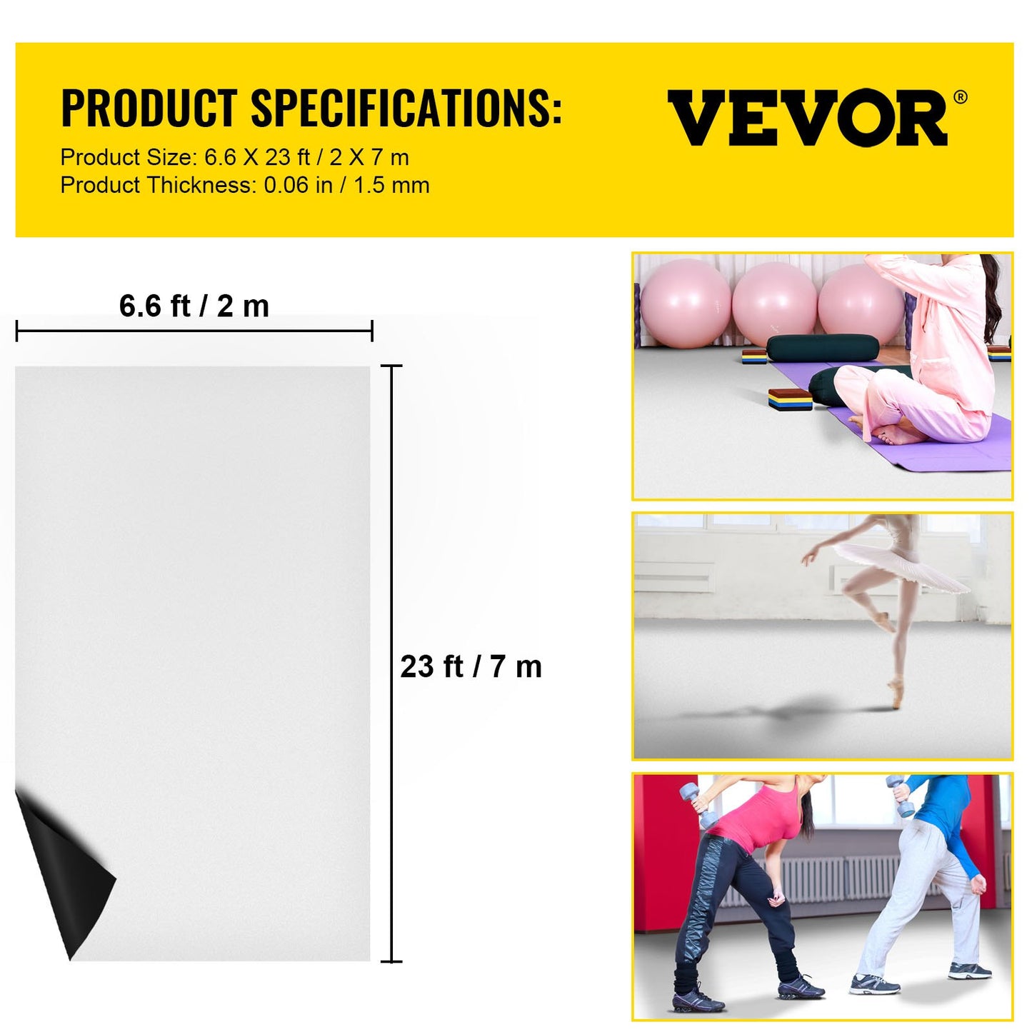 Tanzfläche, 6,6 x 23 Fuß Tanzflächenrolle, 0,06 Zoll dicker PVC-Vinyl-Tanzboden, schwarz/weißer wendbarer tragbarer Tanzboden, rutschfeste Tanzflächen, Ballett-Tanzfläche für Jazz, Pop, lyrischen Stil