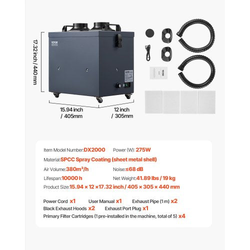 Lödrökssug med dubbla slangar, 275W borstlös lödröksabsorbent med 4-stegsfilter och 10 hastigheter, 380m³/h starkt sugande rökrenare för lödning, lasergravering, gör-det-själv-svetsning | EU