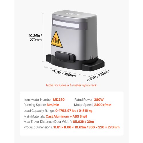 280W Solar Gate Opener 740 kg Electric Gate Opener with Switch Rail 2 Remote Controls