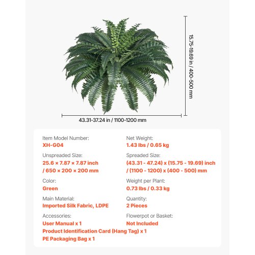 2 pcs artificial Boston ferns plastic fern 50 branches indoor and outdoor decor | EU