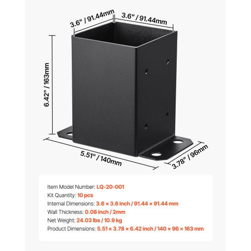 4x4 stolpbas 10 st, innerstorlek 3,6x3,6 tum / 91,44x91,44 mm stolpfästen, kraftiga däckstolpar i kolstål, trästolpfästen för paviljongdäck, räcke, stöddäck, bottenplatta, svart | EU