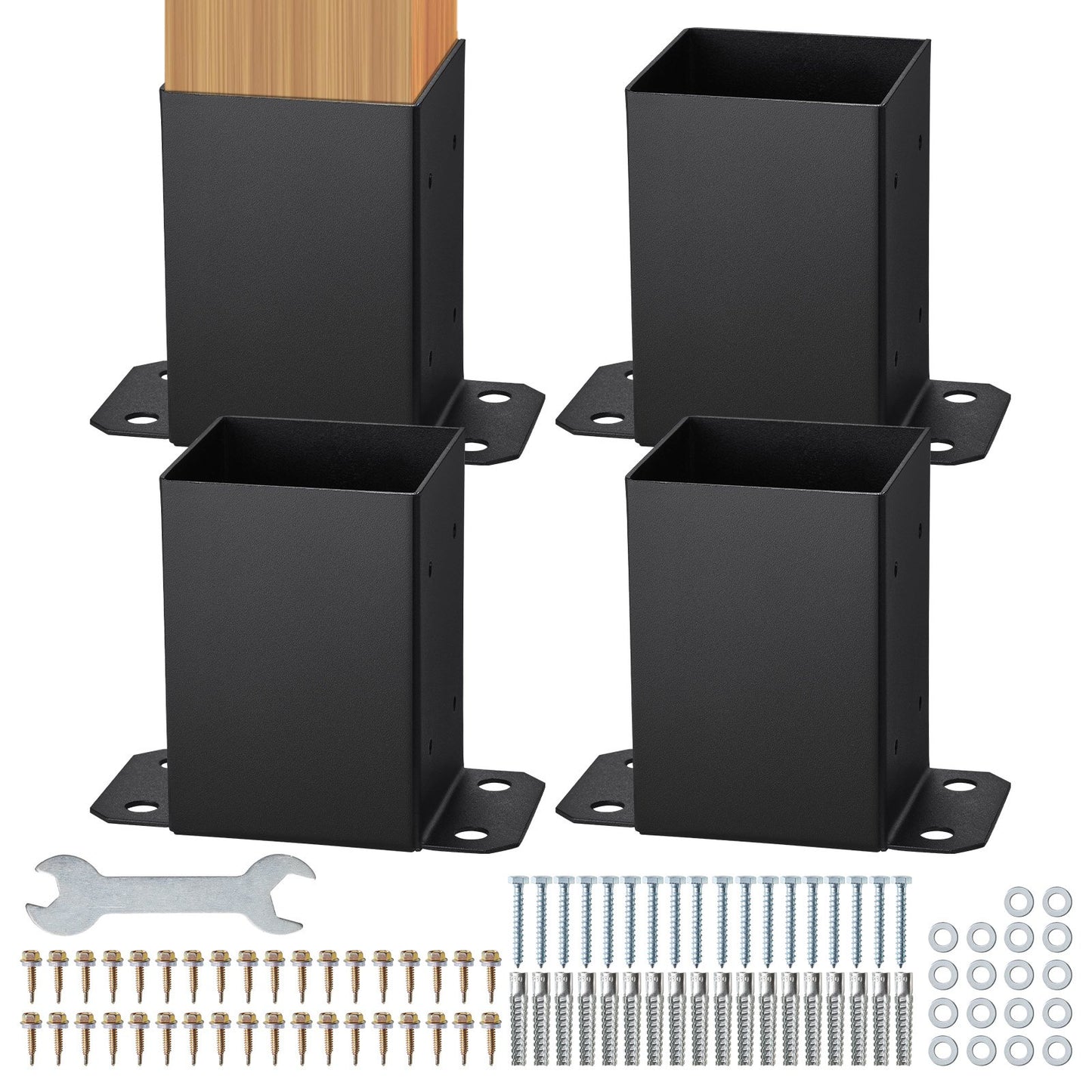 4x4 post base 4 pcs, inner size 3.6x3.6 post base brackets, heavy duty powder coated post anchor Matte black wooden post brackets for pavilion deck railing Support deck base plate