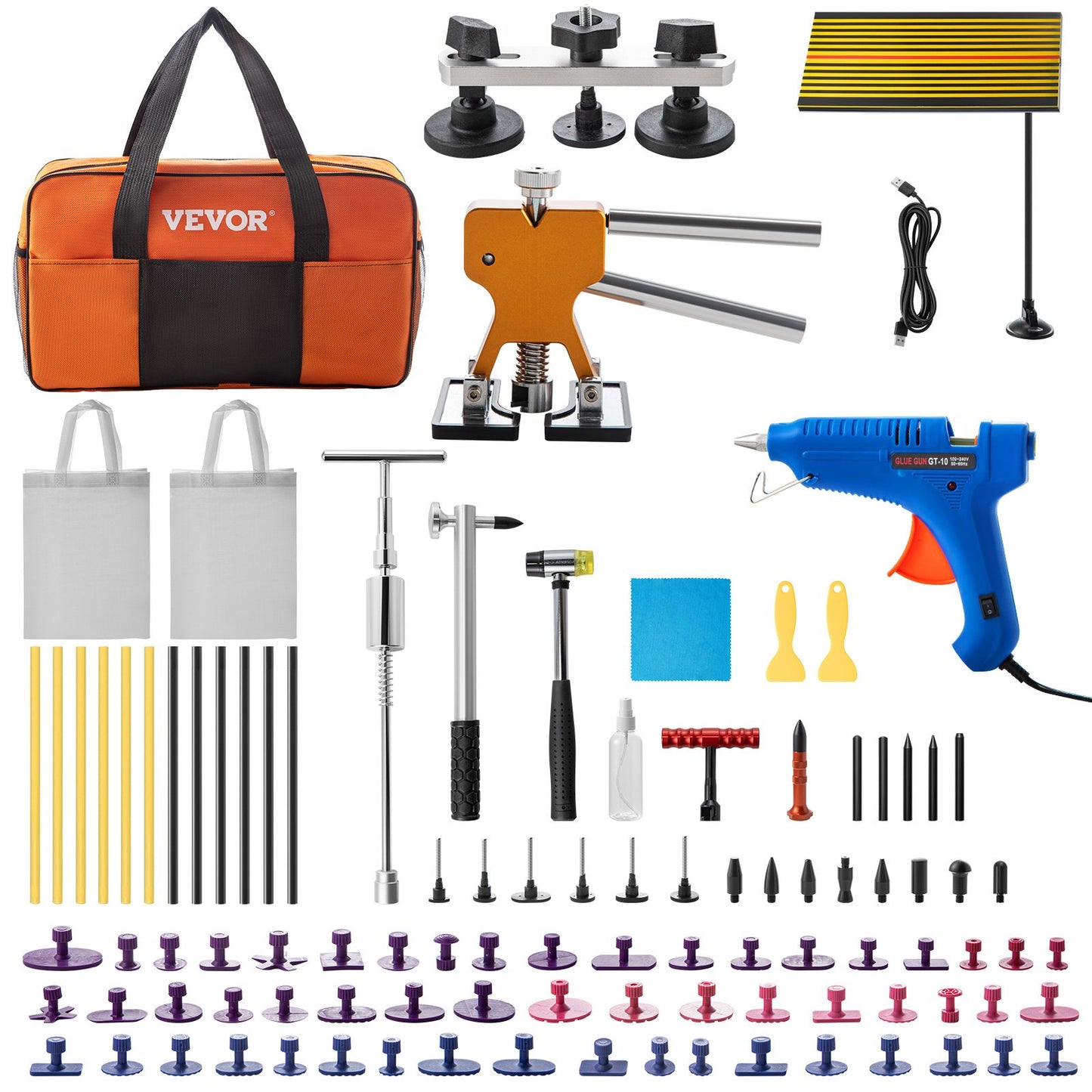Dent removal tools, 89 pcs paintless dents, repair kit with led baffle plate for car dents, glue remover, dents for automatic dent removal, minor dents, doors and hail damage