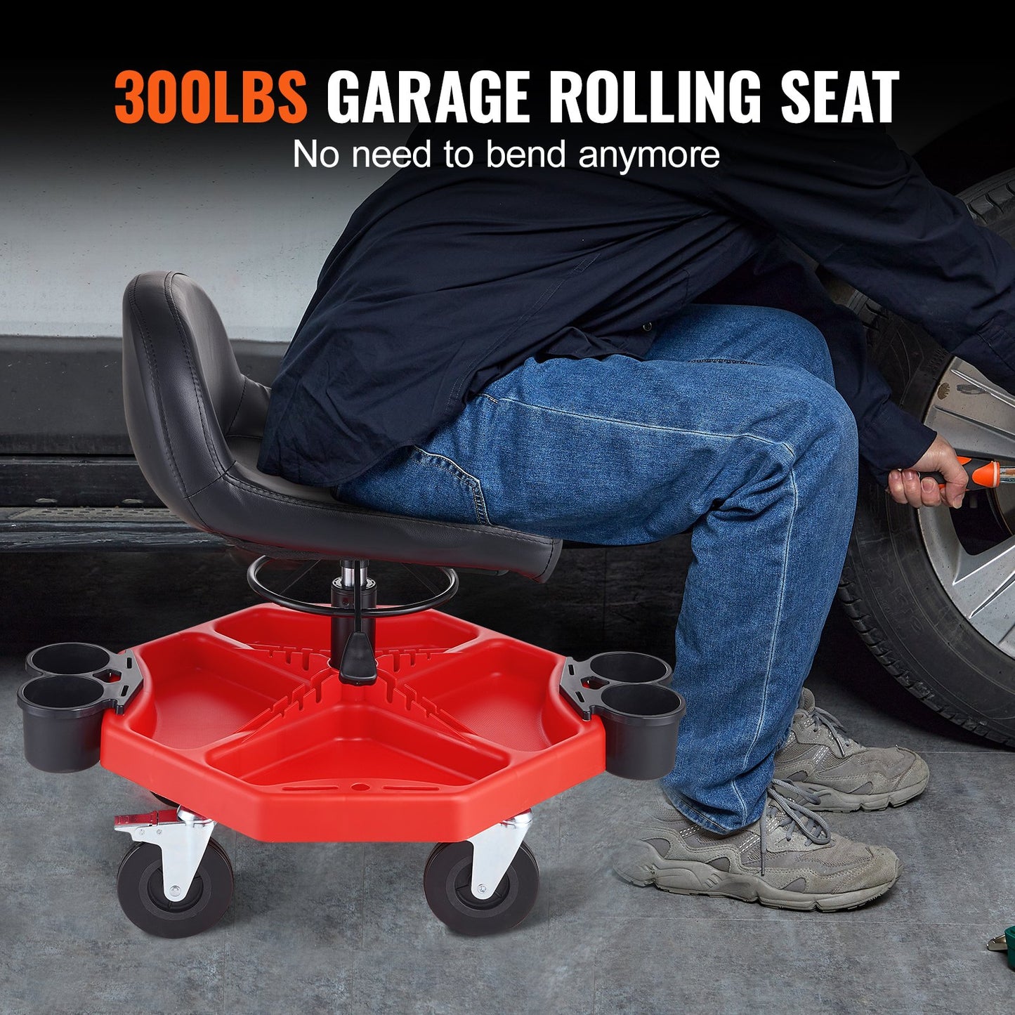 Mechanics Swivel Seat 300 LBS Rullande arbetspall Höjdjusterbar sits