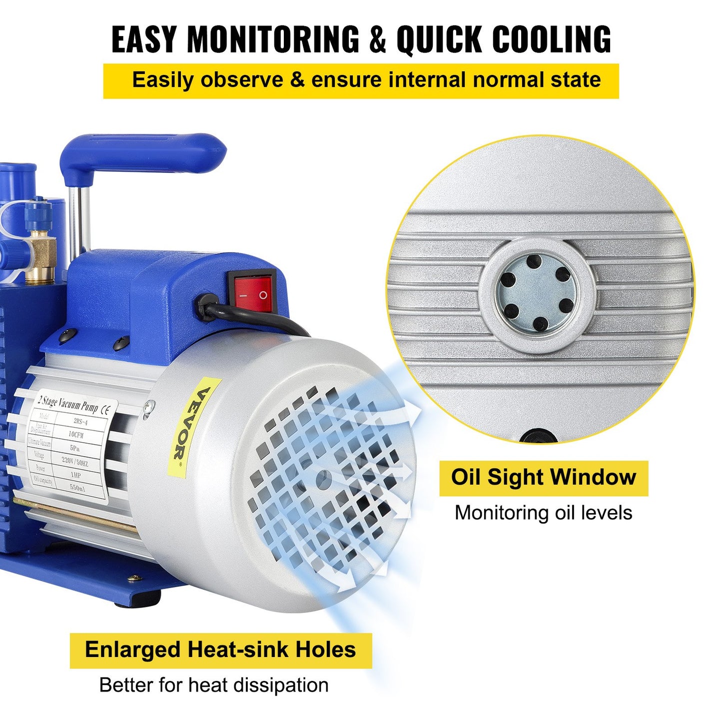 Vacuum Pump, 10CFM 1 HP, Two-Stage Rotary Vane Vacuum Pump, 220V 5 PA Plant HVAC Refrigerant Air Tool for HVAC, Automatic AC Refrigerant Refilling, Wine Degassing and Food Processing, Blue