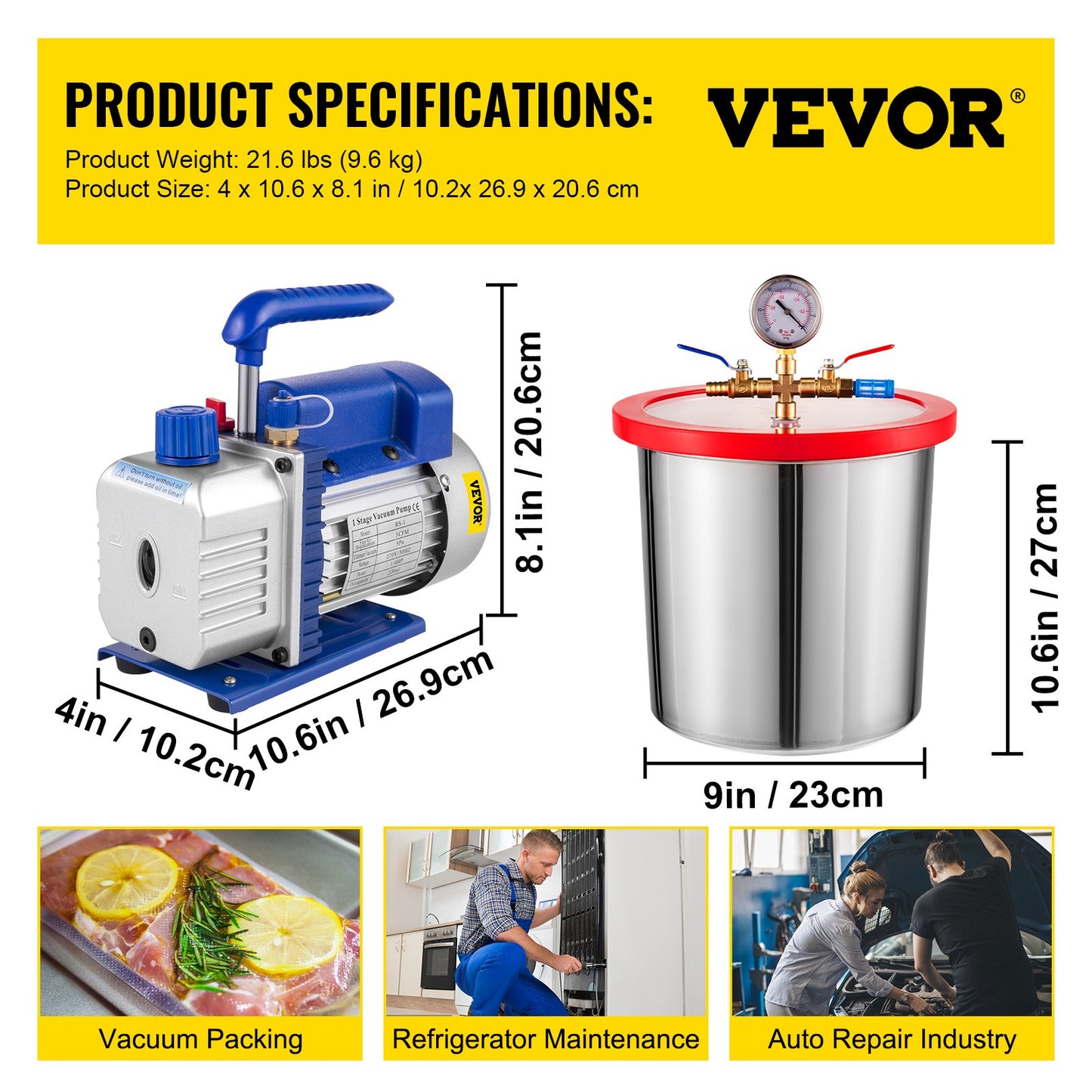 3 CFM 1/4HP Einstufige Vakuumpumpe, 3 Gallonen (13 Liter) Vakuumkammer-Kit, HVAC A/C-Kühlkit