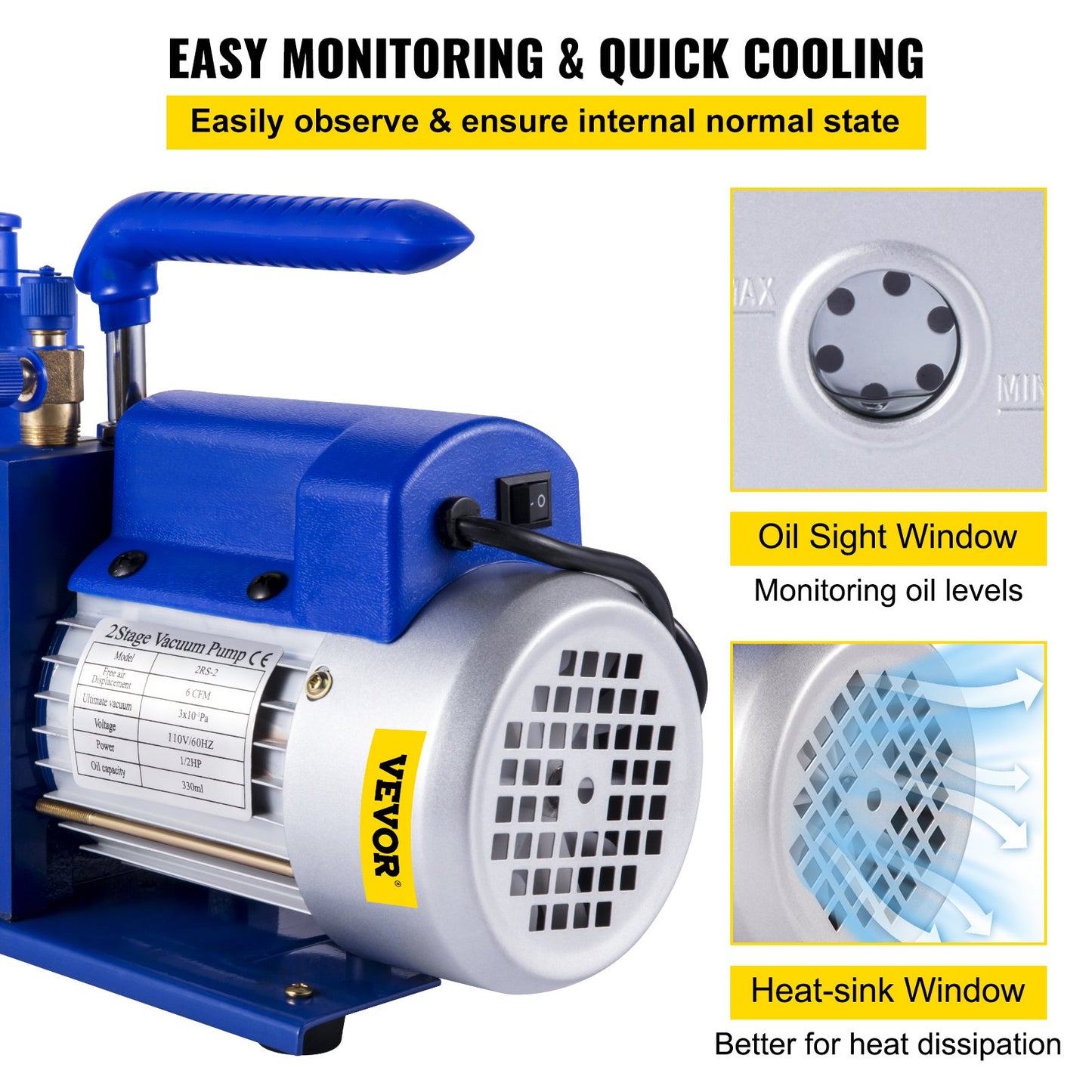 6 CFM 1/2 HP Refrigeration Vacuum Pump, 2 Stage Air Vacuum Pump AC Refrigeration Kit, Vacuum Forming Refrigeration Vacuum Packing, 1/2 HP HVAC Combo Air Conditioning Refrigeration
