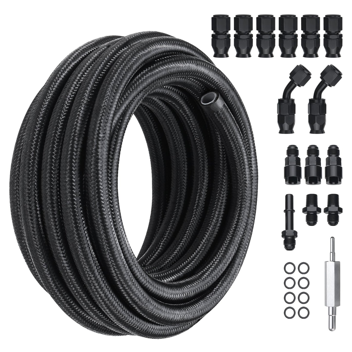 6AN bränsleledningssats, 25 FT bränsleslangsats, 5/16" nylon, rostfritt stål flätad PTFE bränsleledningssats, E85/olja/gas/diesel slangändkopplingssats, med 15 st svängbar adaptersats, svart