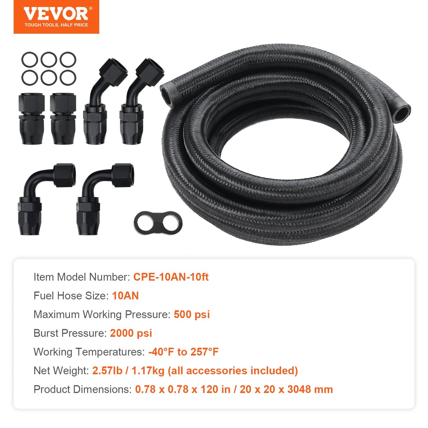 10AN Bränsleledningssats, 10 FT bränsleslangsats, 0,55" nylon, rostfritt stål flätad bränsleledningssats för olja/gas/diesel slangände, med 7-ST svängbar adaptersats, svart