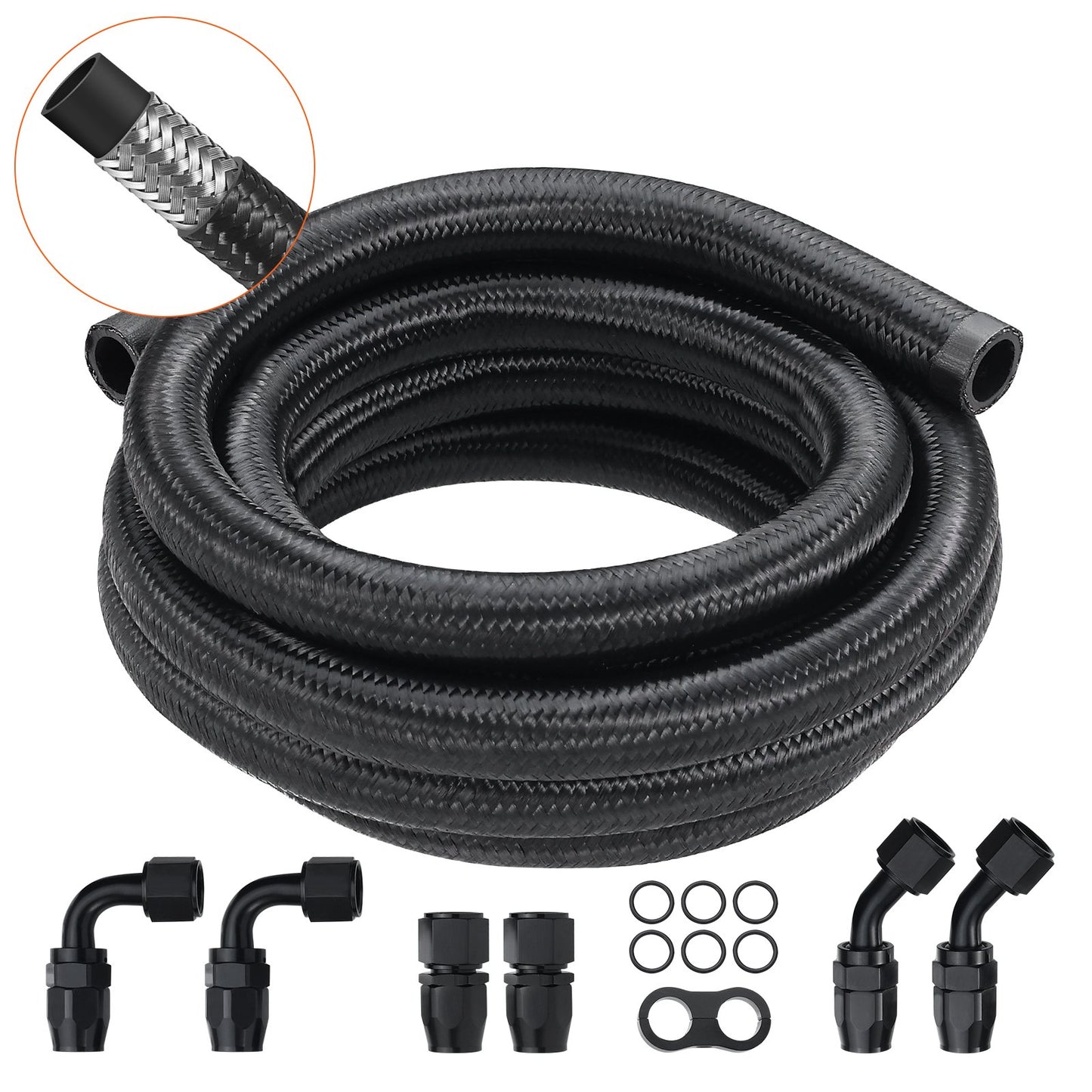 10AN Bränsleledningssats, 10 FT bränsleslangsats, 0,55" nylon, rostfritt stål flätad bränsleledningssats för olja/gas/diesel slangände, med 7-ST svängbar adaptersats, svart