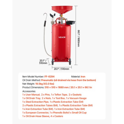 79,5L spilloljeavtappningstank, luftdriven bärbar oljetömningstank med justerbar tratthöjd, industriell vätskeavtappningstank med hjul, dränering för vätskeöverföring av bränsle för bilverkstäder, röd | EU