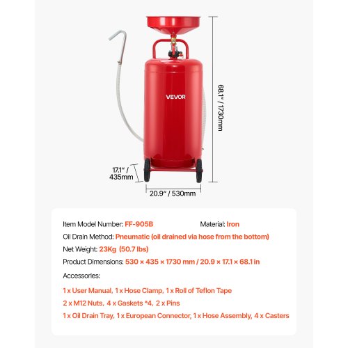 95L spilloljeavtappningstank, luftdriven bärbar oljetömningstank med justerbar tratthöjd, industriell vätskeavtappningstank med hjul, dränering för vätskeöverföring av bränsle för bilverkstäder, röd | EU