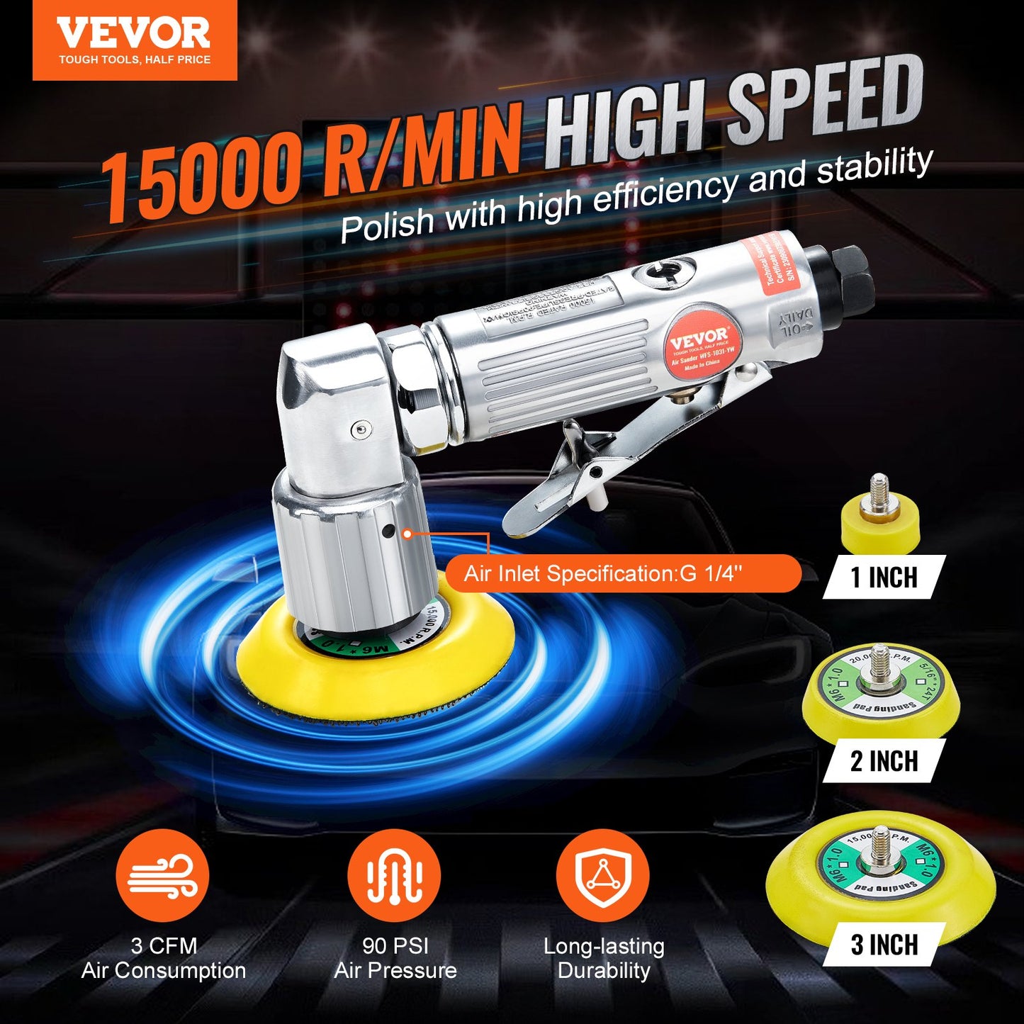 Mini Air Sander, 1"/2"/3" Random Orbital Air Sander, 15000r/min High Speed Mini Pneumatic Sander Polishing Machine for Car Body Work, 58PCS Air Powered Sanding Kit with Wavy Sponges, Sandpaper, Wool Pad