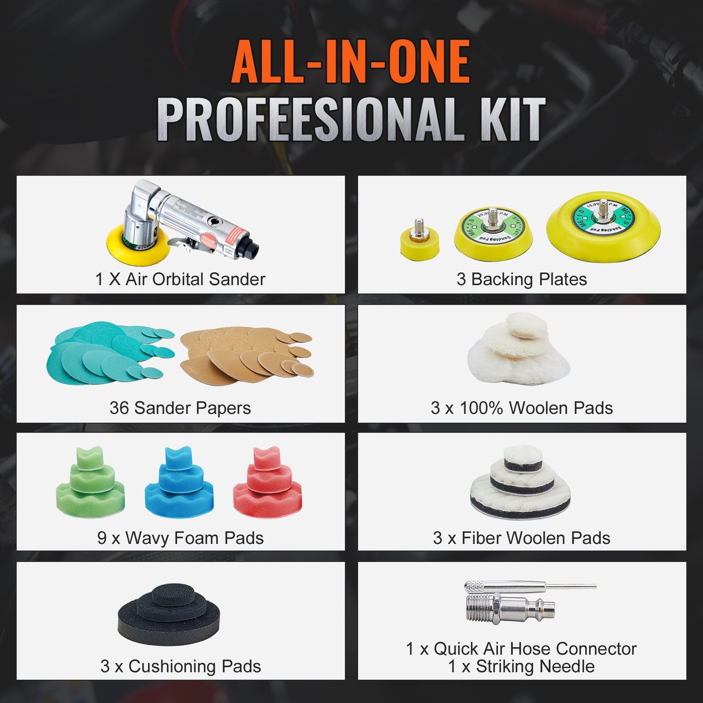 Mini Air Sander, 1"/2"/3" Random Orbital Air Sander, 15000r/min High Speed Mini Pneumatic Sander Polishing Machine for Car Body Work, 58PCS Air Powered Sanding Kit with Wavy Sponges, Sandpaper, Wool Pad