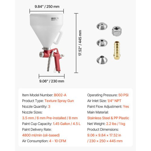 luftsprutpistol för texturering, 4,5 l luftsprutpistol, professionell gipsspruta med texturering och 3 munstycken (3,5 mm, 6 mm, 8 mm) för popcorn, knockdown och apelsinskalstexturer | EU