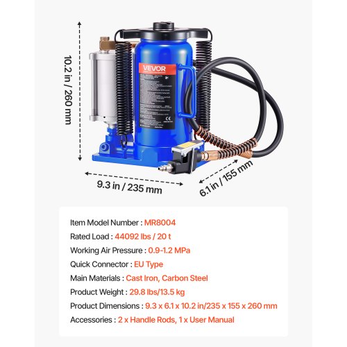 Lufthydraulisk flaskdomkraft Höglyftande domkraft 20 ton (44092 lb) Bilreparation Blå | EU