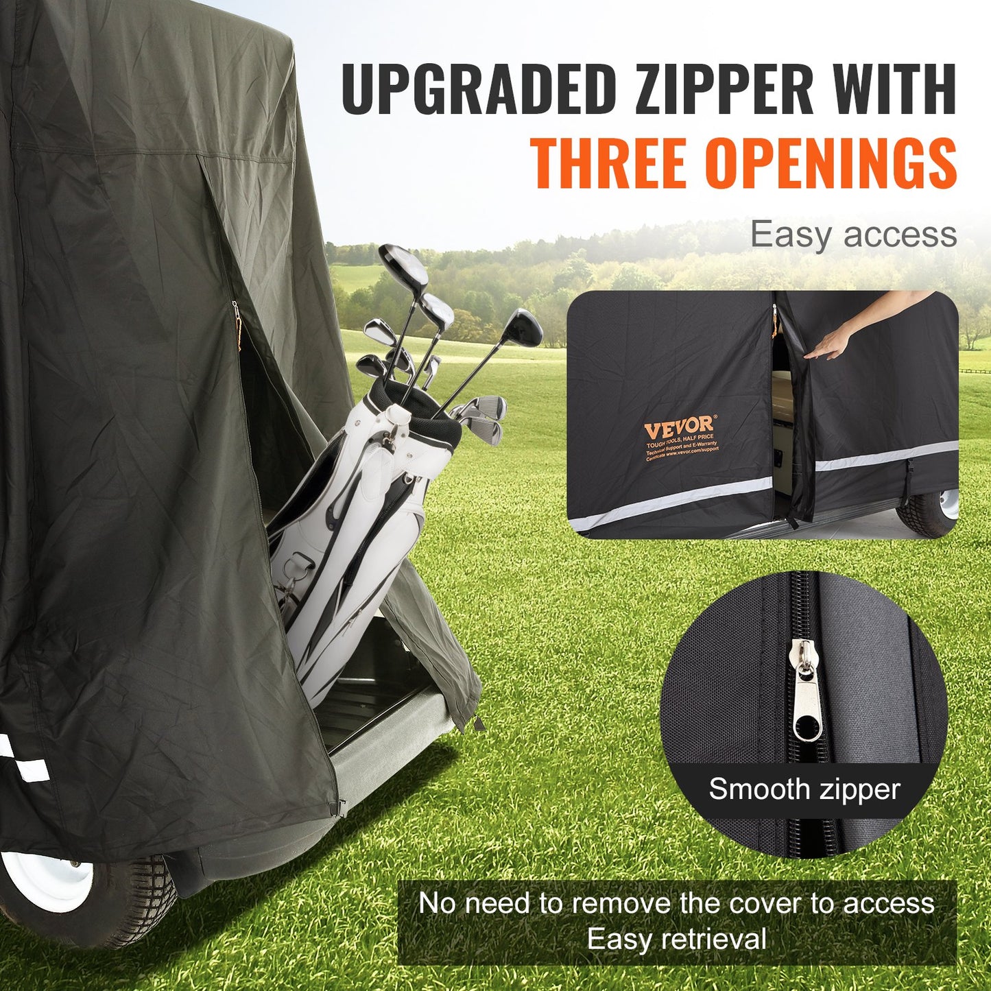4 Passenger Golf Cart Cover, 600D polyester heltäckande, Universal Passar för de flesta märken Club Car Covers, Vattentät, Soltät och Dammtät Utomhus Golf Cart Cover med tre dragkedjor, svart