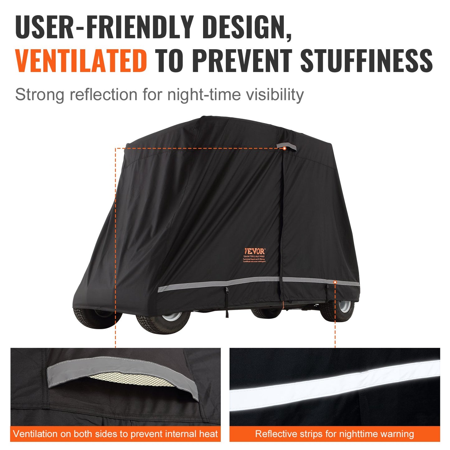 4 Passenger Golf Cart Cover, 600D polyester heltäckande, Universal Passar för de flesta märken Club Car Covers, Vattentät, Soltät och Dammtät Utomhus Golf Cart Cover med tre dragkedjor, svart