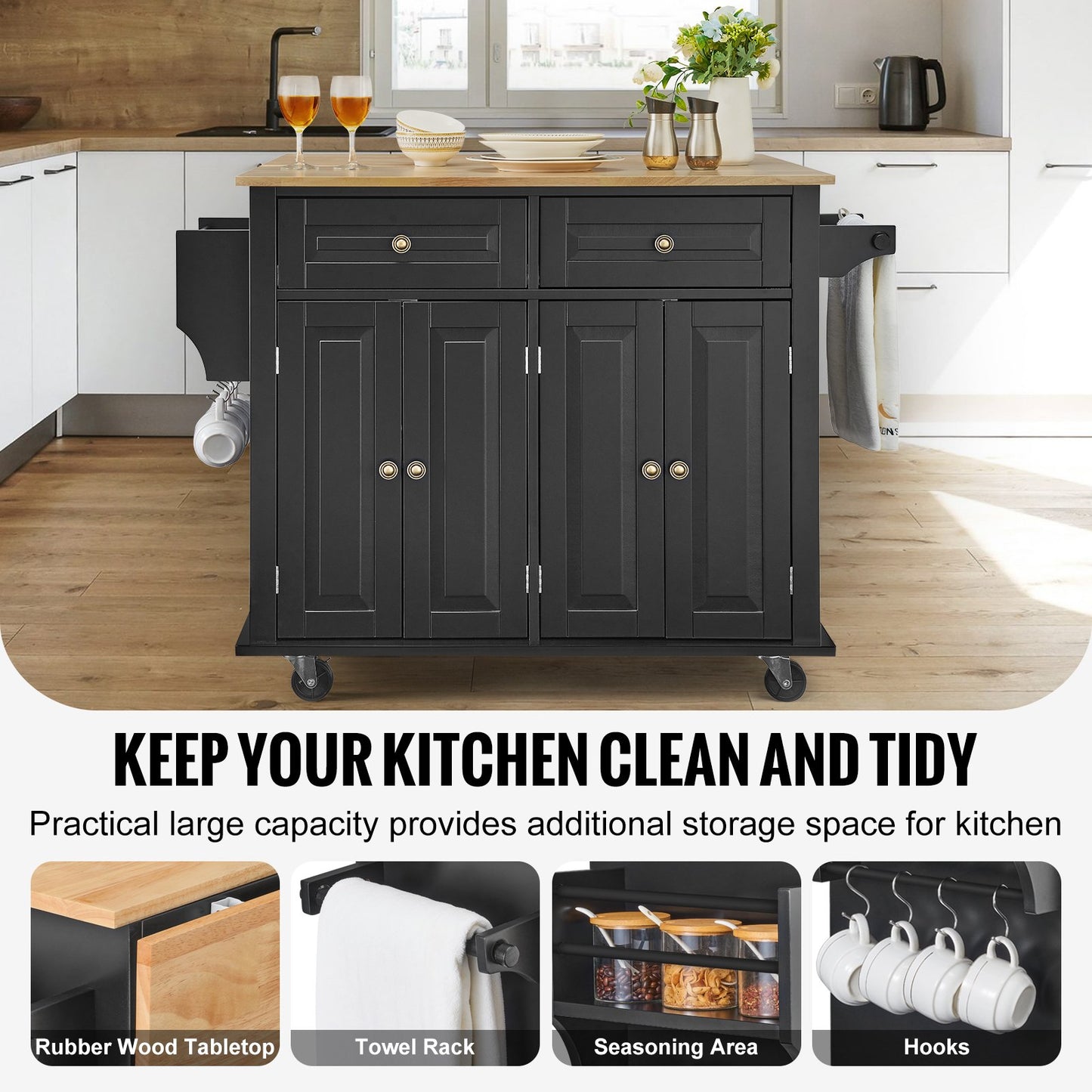 Kitchen Island Cart Rullande förvaringsskåp på hjul med låda och hyllor