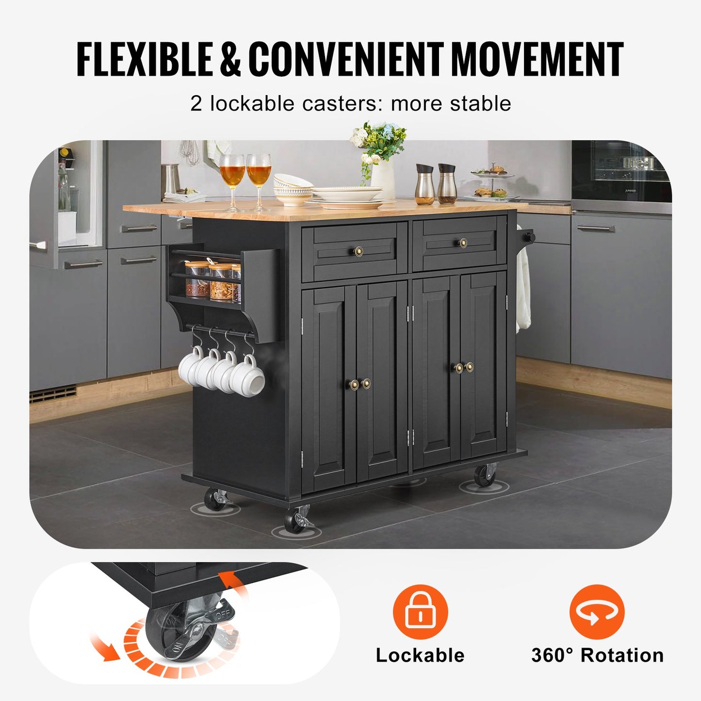Kitchen Island Cart Rullande förvaringsskåp på hjul med låda och hyllor