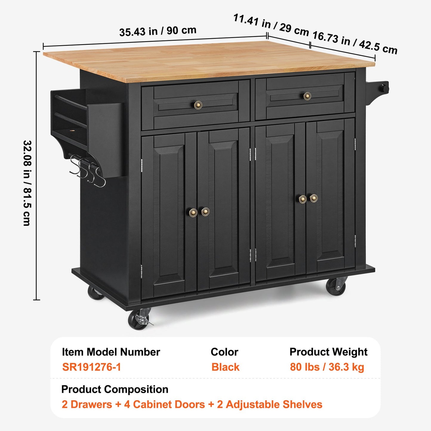Kitchen Island Cart Rullande förvaringsskåp på hjul med låda och hyllor
