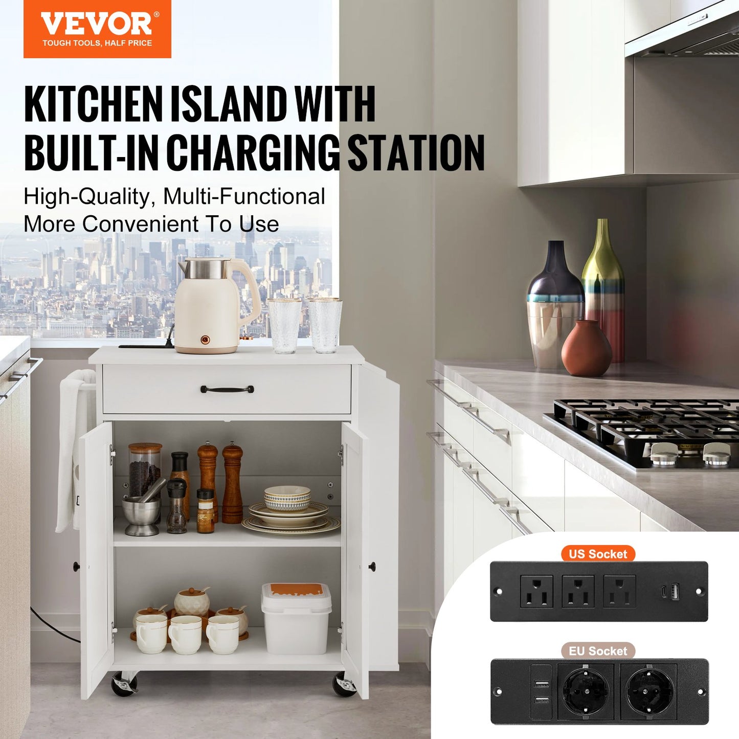Kitchen Island Cart Rullande förvaringsskåp på hjul med laddstation