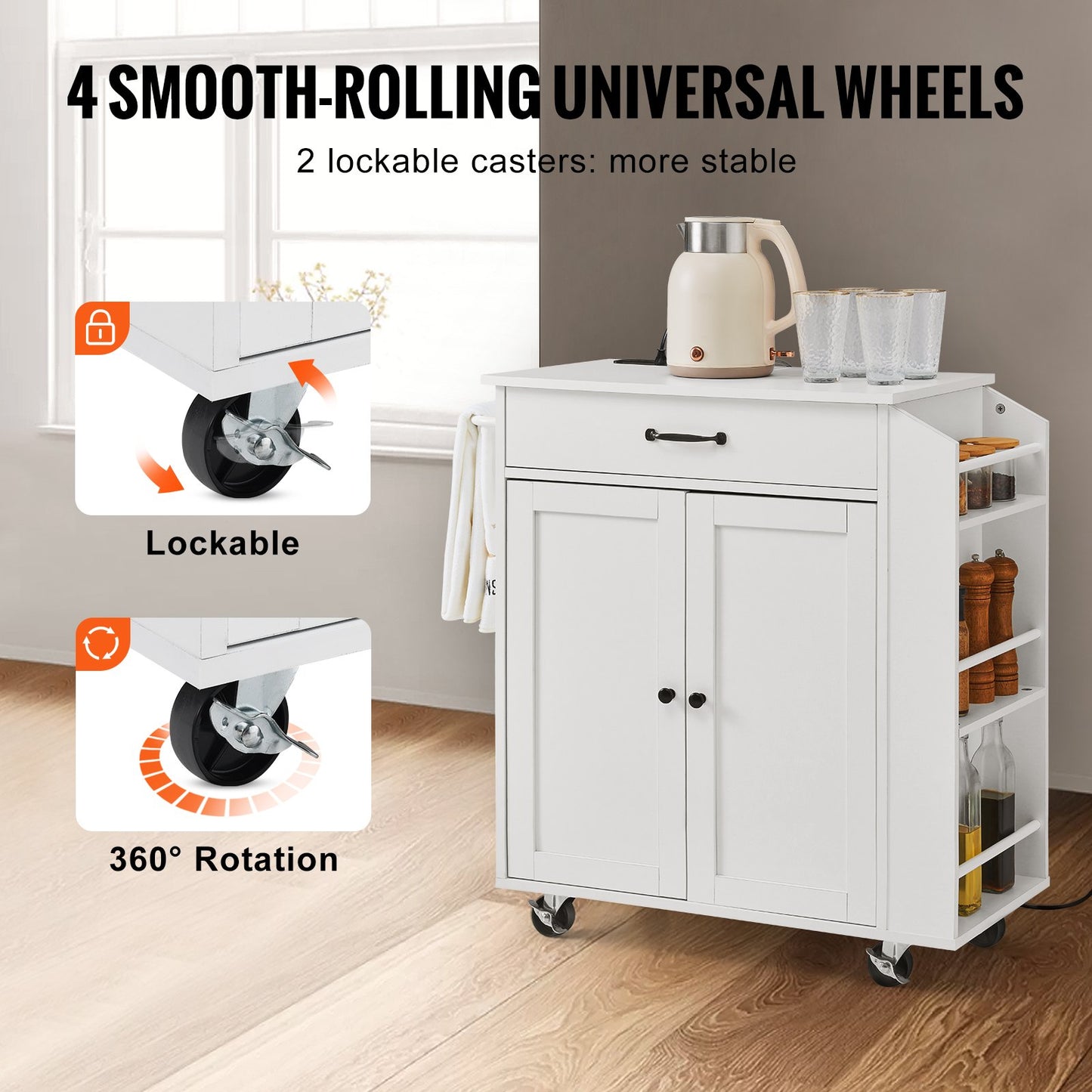 Kitchen Island Cart Rullande förvaringsskåp på hjul med laddstation