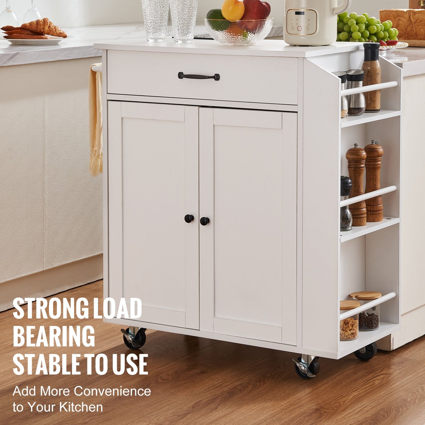 Kitchen Island Cart Rullande förvaringsskåp på hjul med laddstation