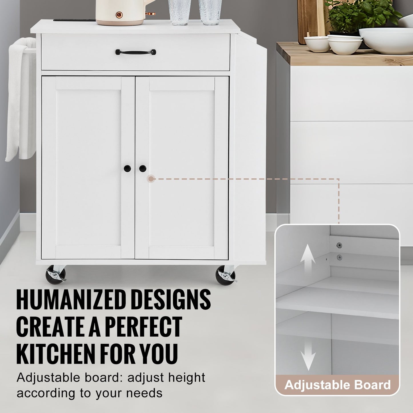 Kitchen Island Cart Rullande förvaringsskåp på hjul med laddstation