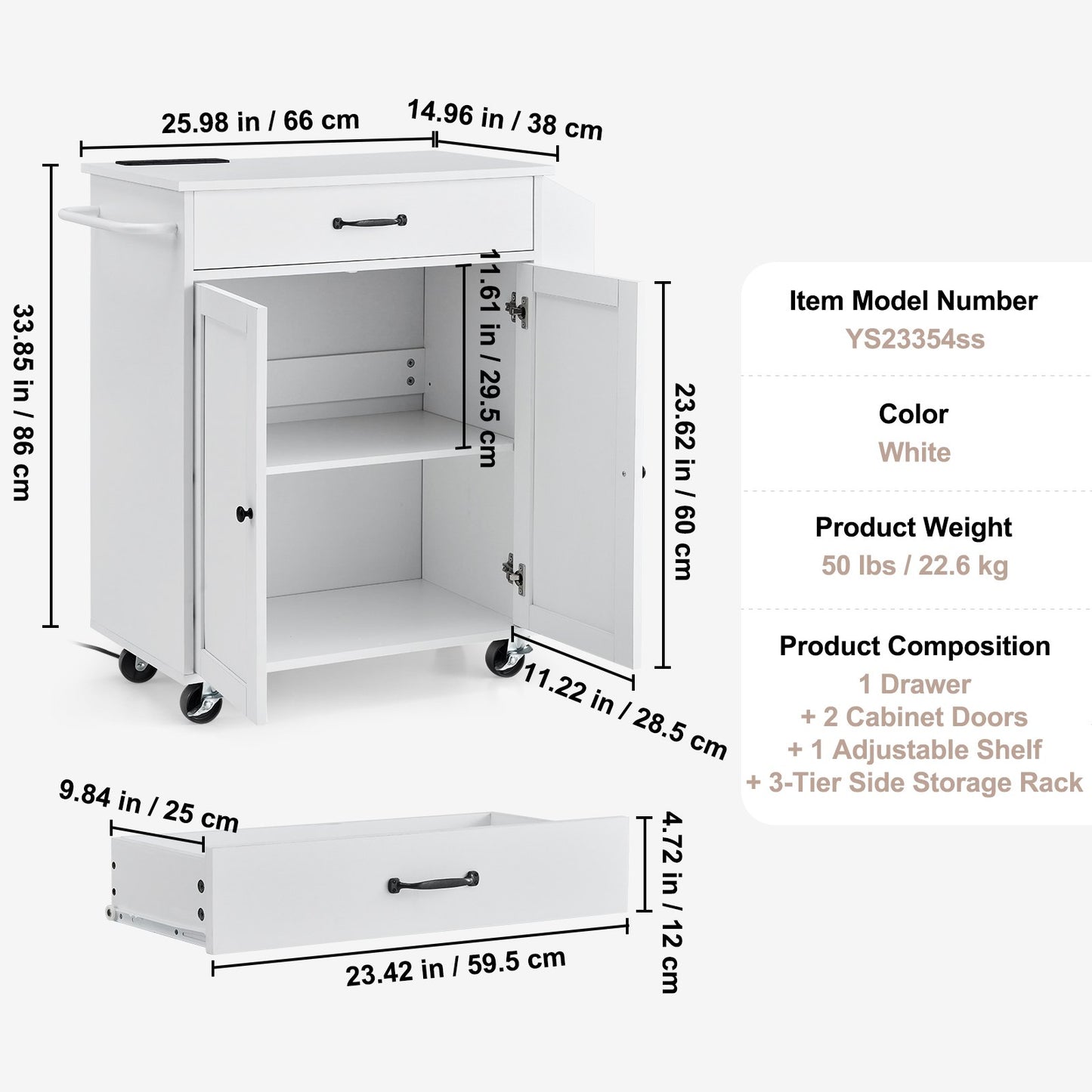 Kitchen Island Cart Rullande förvaringsskåp på hjul med laddstation