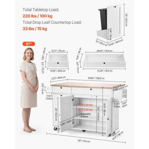 153 cm köksö vagn rullande förvaringsskåp bord låda nedfällbar skiva