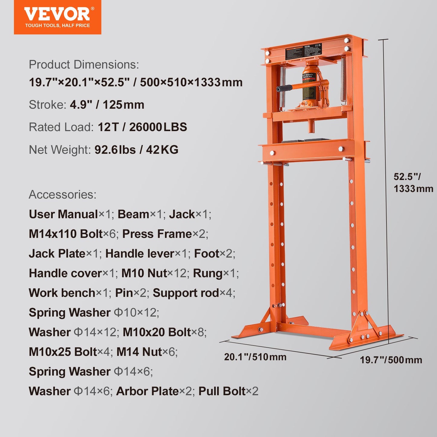 Hydraulic, 12 ton H-ramgolv, stansplåtar, justerbar arbetsbordshöjd för att böja eller räta ut metall, garage eller hem Butikspress, orange