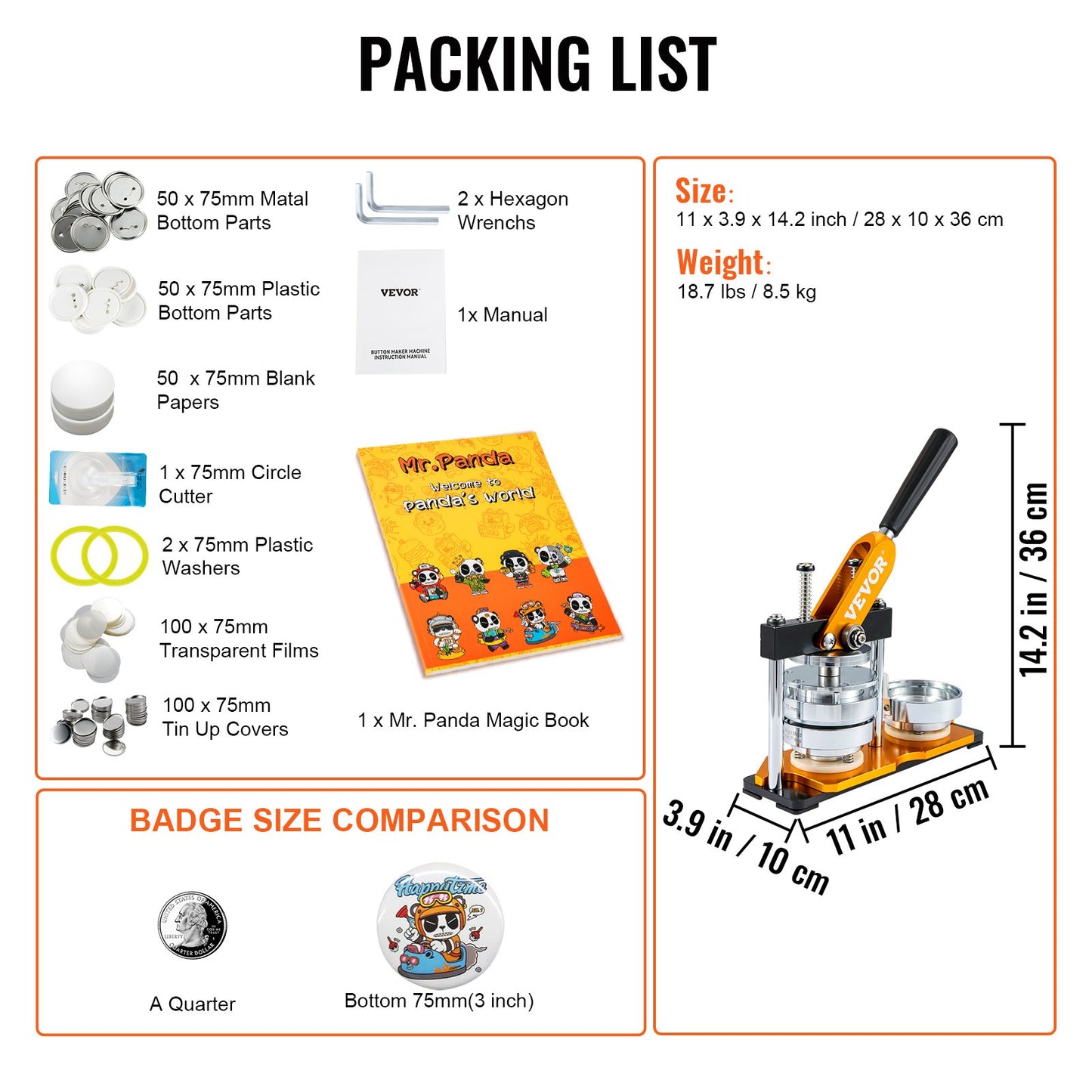 Button Maker Machine, 75mm (3 inch) Badge Punch Press Kit, Kids DIY Gifts Pin Maker, Button Making Accessories with 100pcs Button Parts & Circle Cutter & Magic Book