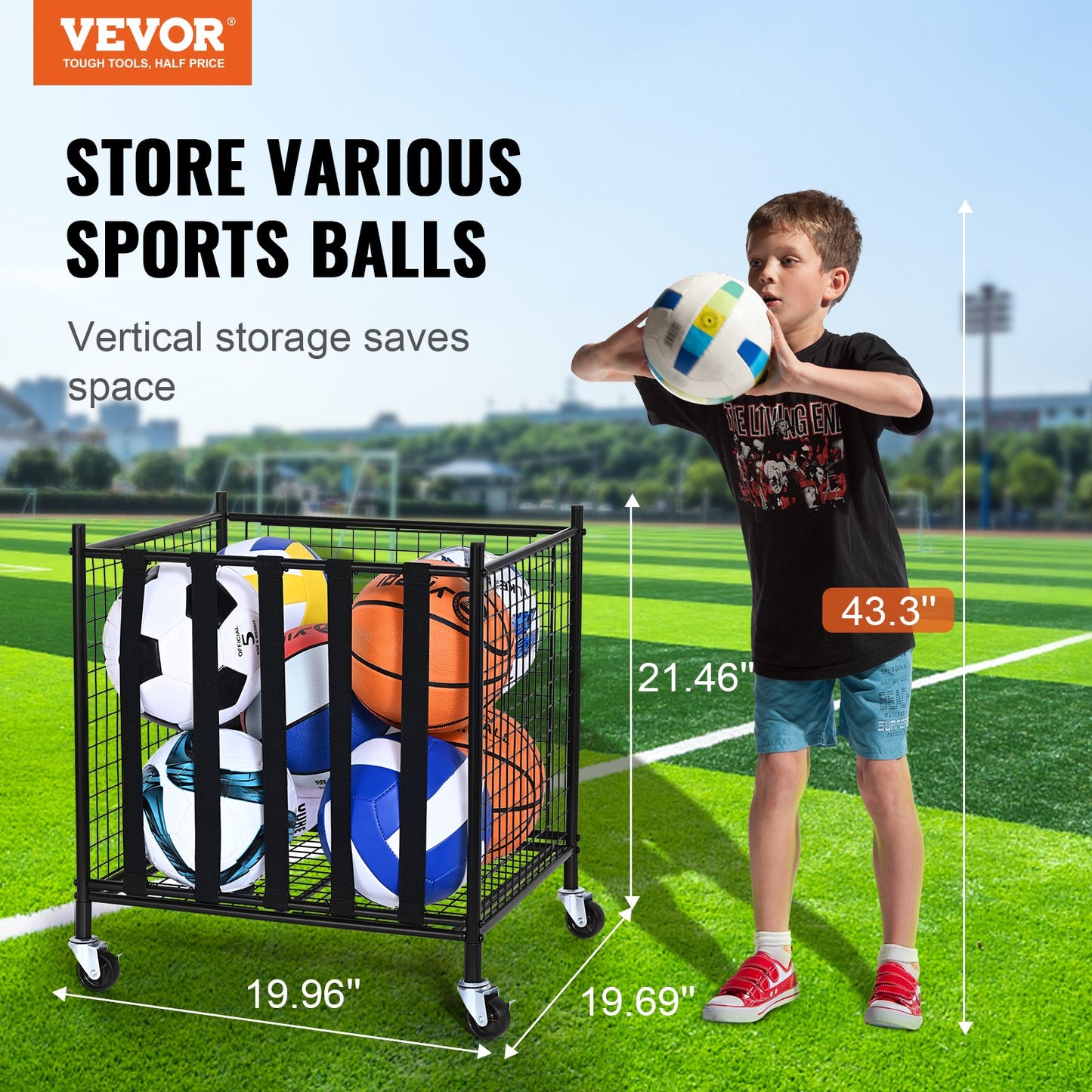Rolling Sports Ball Storage Cart, Lockable Basketball Cage with Elastic Straps, Sports Equipment Holder for Indoor Outdoor, Steel Storage Rack for Garage, Playgroup, Gym and Schools