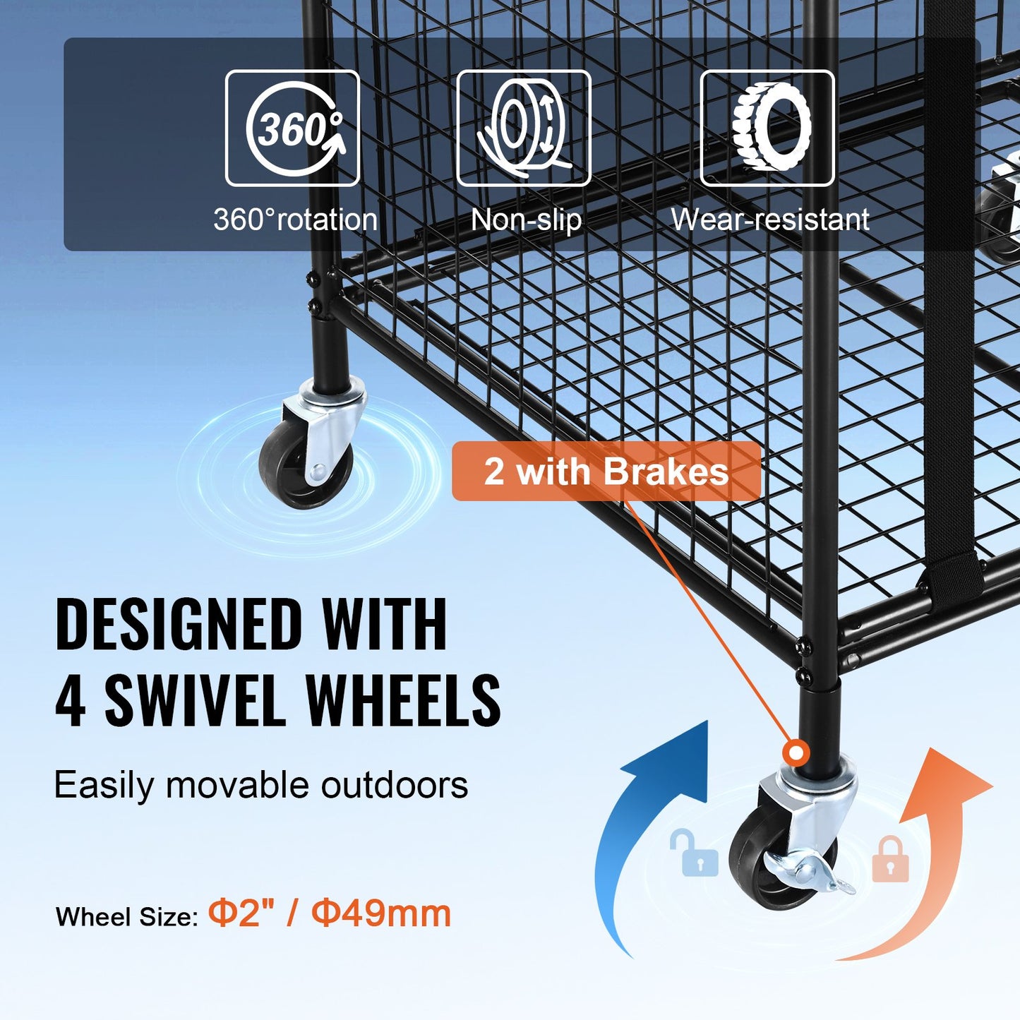 Rolling Sports Ball Storage Cart, Lockable Basketball Cage with Elastic Straps, Sports Equipment Holder for Indoor Outdoor, Steel Storage Rack for Garage, Playgroup, Gym and Schools