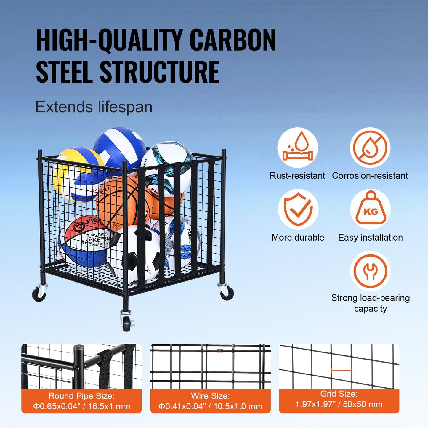 Rolling Sports Ball Storage Cart, Lockable Basketball Cage with Elastic Straps, Sports Equipment Holder for Indoor Outdoor, Steel Storage Rack for Garage, Playgroup, Gym and Schools