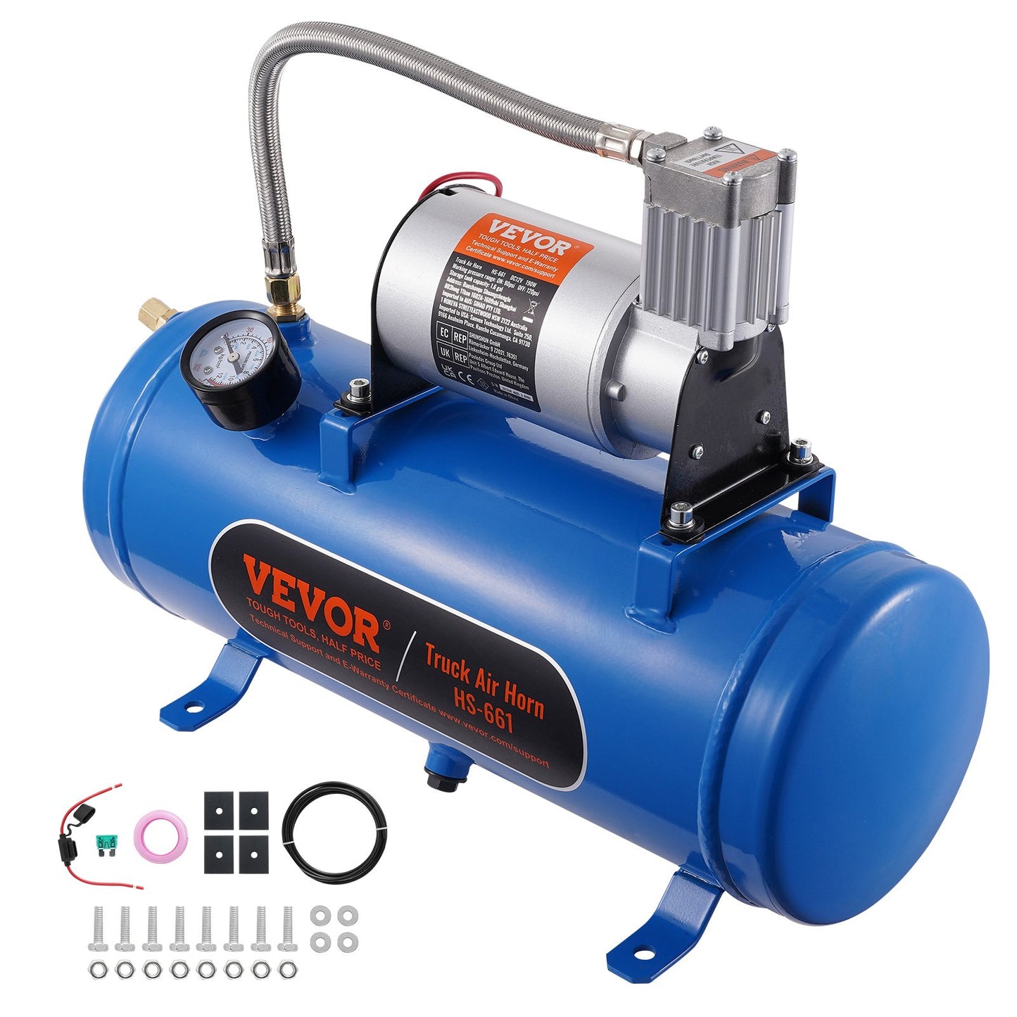 12V luftkompressor med tank 1,6 gallon/6 l, tåghornsluftkompressor, 120 psi arbetstryck ombord luftkompressorsystem för tåglufthorn, pumpning av däck, luftmadrasser