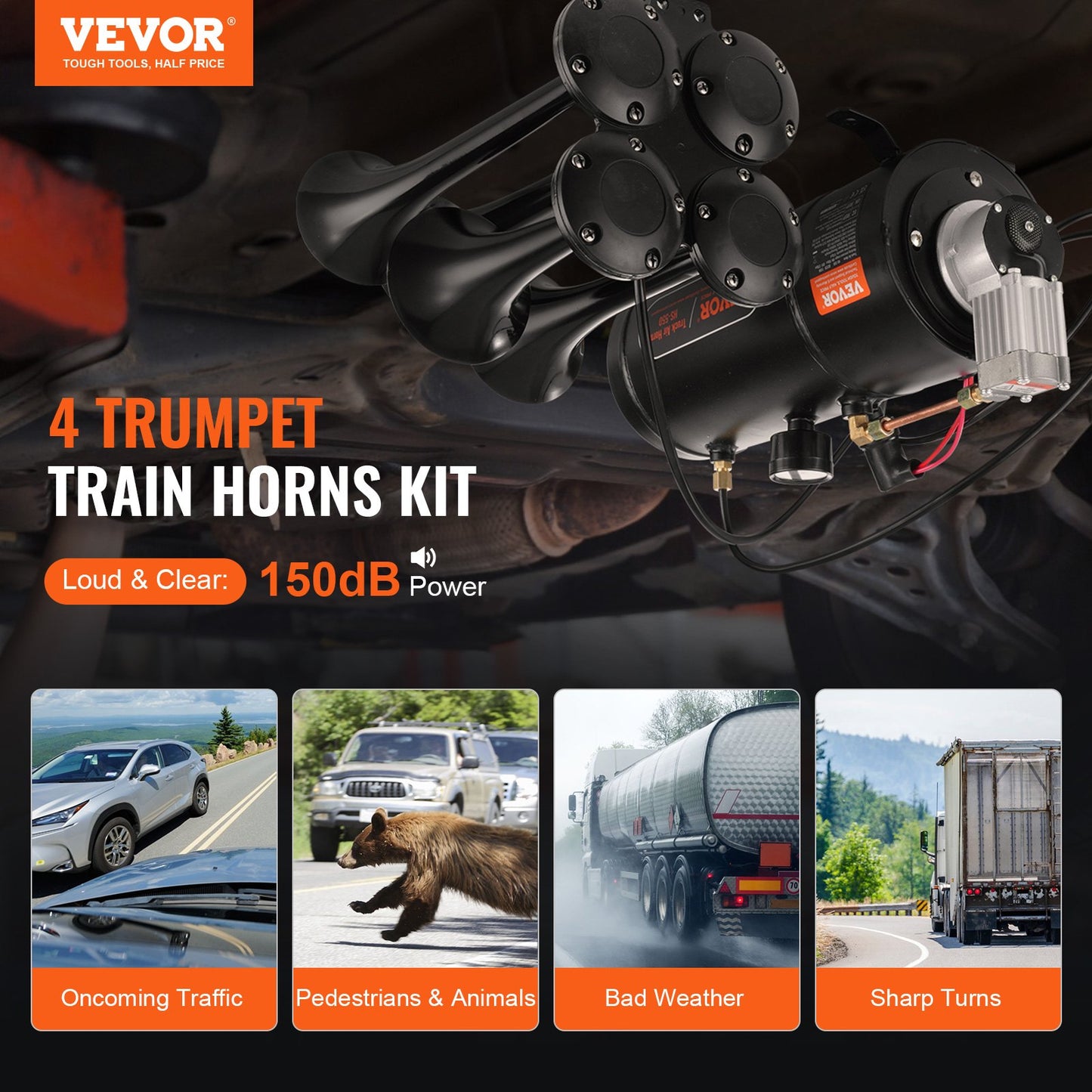 Train Horns Kit 4 Trumpet Air Horn Kit 120 psi Air Compressor 0,8 Gal Tank