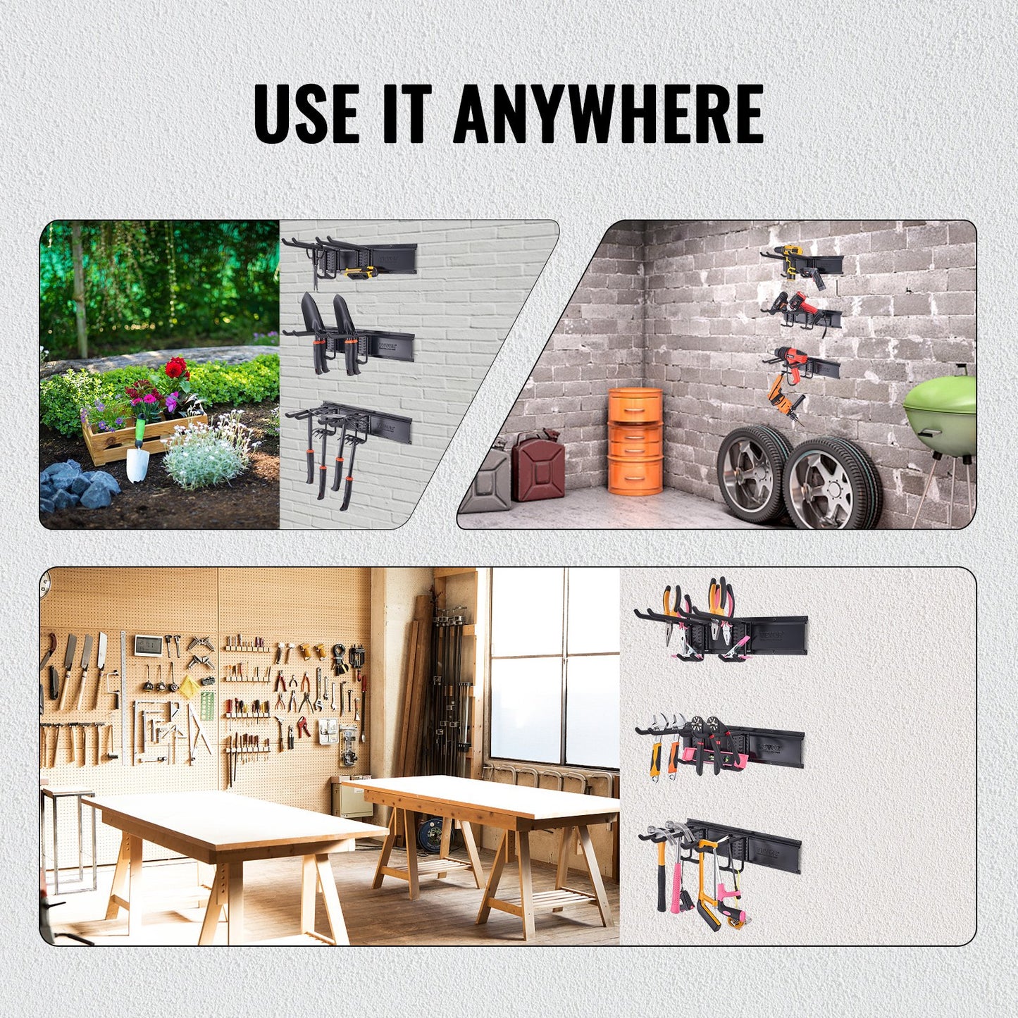 Garage Tool Organizer, 800 lbs Max Load Capacity, Wall Mounted Yard Garden Storage Rack Organization Heavy Duty with 6 Adjustable Hooks and 3 Rails, for Garden Tools, Shovels, Trimmers and Hoses